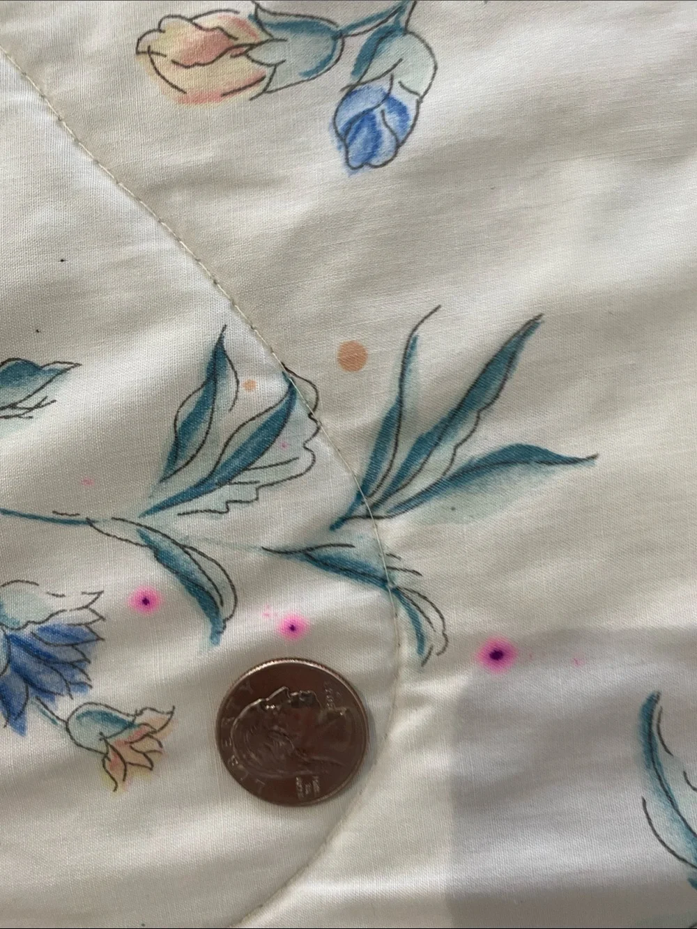 Laura Ashley Cream Floral Quilted Comforter‎ Blue Piping and Pink Blooms Vintage